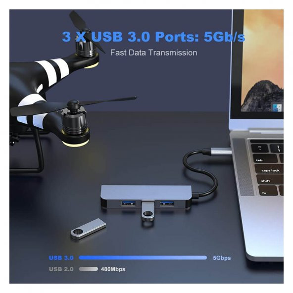Type C 4 Port Usb 3.0 Hub Usb C Çoklayıcı Alüminyum Gövde - Resim 6