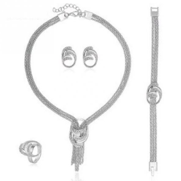 Püskül Kolye Bileklik Küpe ve Yüzük Takı Seti Gümüş Kaplama Set