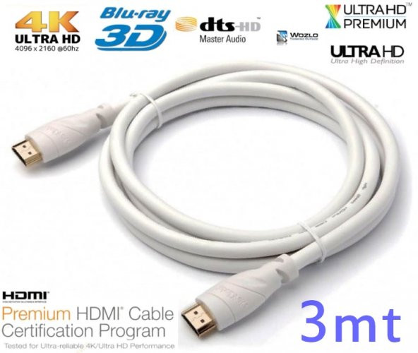 Hdmi Kablo 4K 3Mt Ultra Hd 4K 60Hz 2160P Yüksek Hızlı Kablo Beyaz