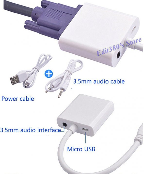 Hdmi To Vga Kablo Ses Çevirici Micro Usb Güç Ps3 Ps4 Xbox 360 Pi