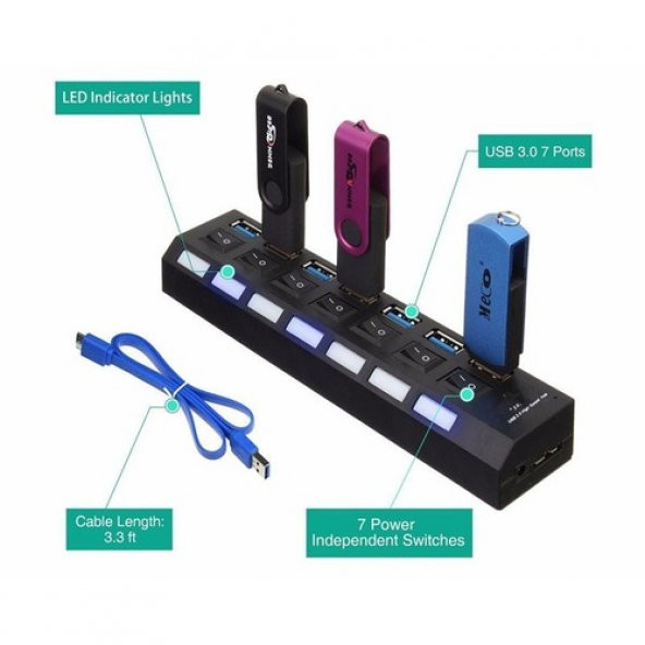 7 Port Usb 3.0 Hub Çoklayıcı Anahtarlı Yüksek Hızlı 1Tb Destekli (278557913)