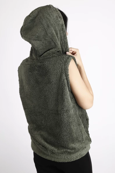 Kadın Haki Peluş Yumoş Fermuarlı Kapüşonlu Yelek 22KYLKPELO - 5