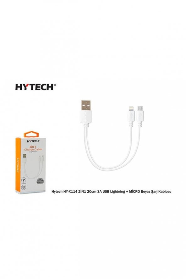 Hytech 2i̇n1 20 CM 3A USB iPhone Uyumlu Lightning + Mi̇cro Beyaz Şarj Kablosu