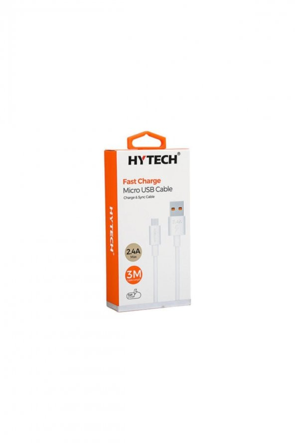 Hytech 3m 2.4 Amper Usb to Micro Usb Beyaz Data + Sarj Kablosu