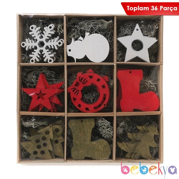 Asılabilir Yılbaşı Yeniyıl Ahşap Ağaç Süsü 36 Parça Kar Tanesi, Kardan Adam, Çam Ağacı, Yıldız ve Patik