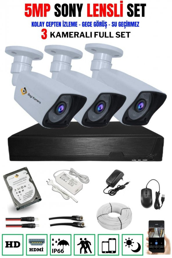 Bycam 3 Kameralı  Full Set 5 M.Pixel Sony Lens 1080P 250GB Hdd