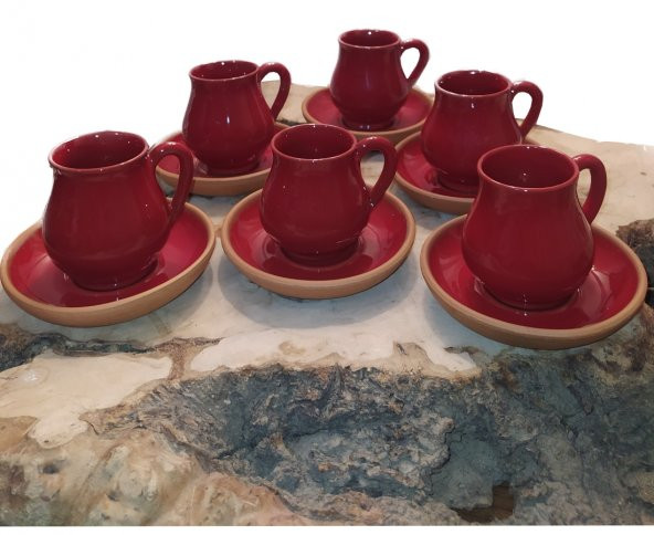 40 Yıllık Hatır & El Yapımı Tasarım 6 Kişilik Kırmızı Türk Kahve Fincan Takımı & Çömlek & Çeyiz Paketi