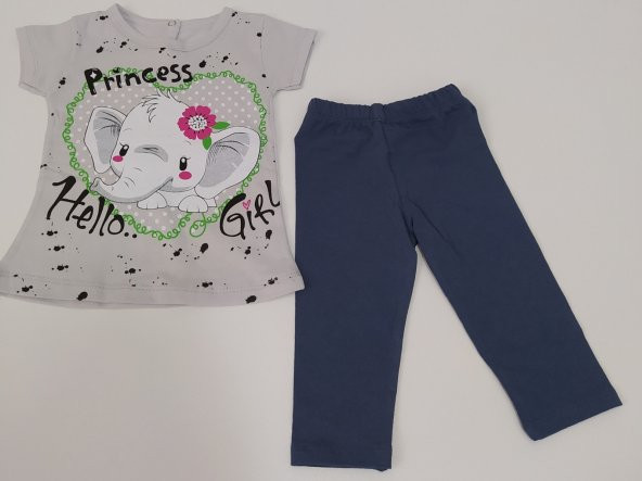 Prenses Kız Bebek Fil Baskılı T - shirt Tayt Yazlık Penye Takım - Gri - Mavi - Çıtçıtlı Yaka
