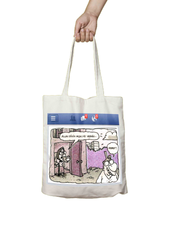 Allah Zihin Açıklığı Versin Facebook Karikatür İki Tarafı Baskılı Bez Çanta Omuz Çantası