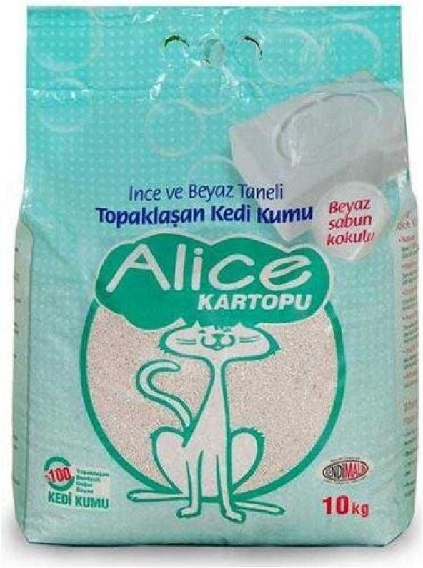 Alice Kartopu Topaklaşan İnce Beyaz Sabun Kokulu Kedi Kumu 10kg