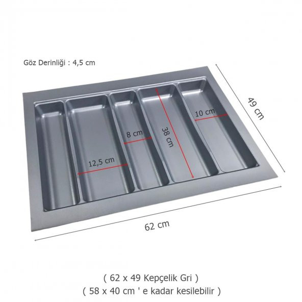 Çekmece İçi Kaşıklık Kepçelik 62 x 49 cm Gri Mutfak Düzenleyici - 2