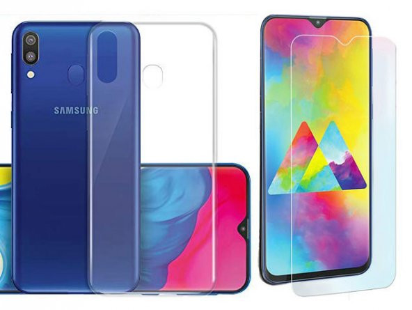 Samsung Galaxy M20 Zore Şeffaf Esnek Silikon Kılıf + Kırılmaz Cam