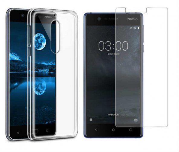 Nokia 3 Kılıf İnce Şeffaf Silikon Kılıf + Temperli Cam