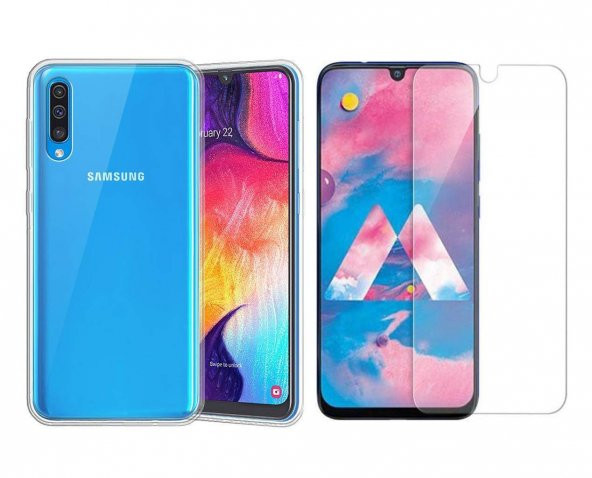 Samsung Galaxy A50 Zore Şeffaf Esnek Silikon Kılıf + Kırılmaz Cam