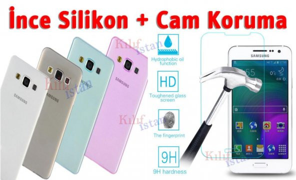 Samsung Galaxy A3 2015 Kılıf Şeffaf Silikon Kılıf + Cam - 1