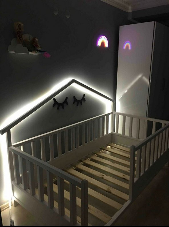 Baby Kinder Wh. Back Roofed Doğal Ahşap Yatak Montessori Bebek ve Çocuk Karyolası  Mat Beyaz 100x200 - 2