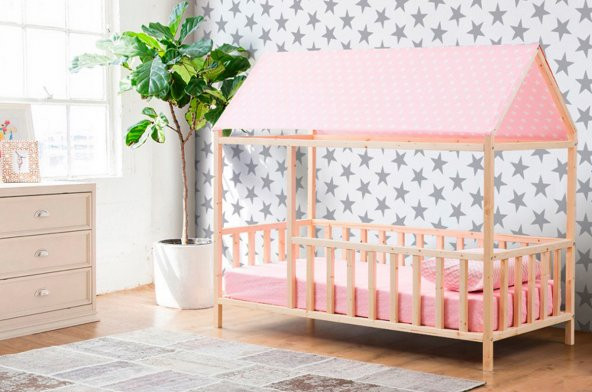 Baby Kinder Roofed Montessori Bebek & Çocuk Karyolası  Doğal Çam 100 x 200