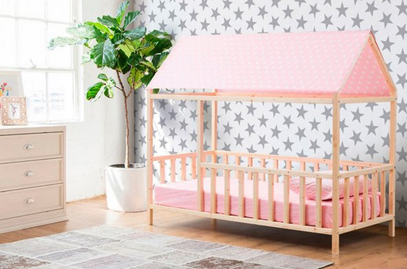 Baby Kinder Roofed Montessori Bebek & Çocuk Karyolası  Doğal Çam 80 x 180