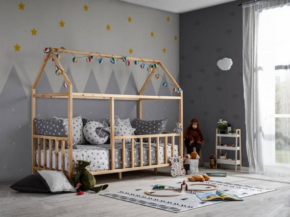 BABY KİNDER ÇATILI DOĞAL MONTESSORİ BEBEK & ÇOCUK KARYOLASI  Doğal Çam 80 x 180