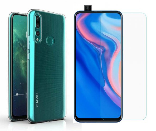 Huawei Y9 Prime 2019 Kılıf Şeffaf Silikon Kamera Korumalı + Cam