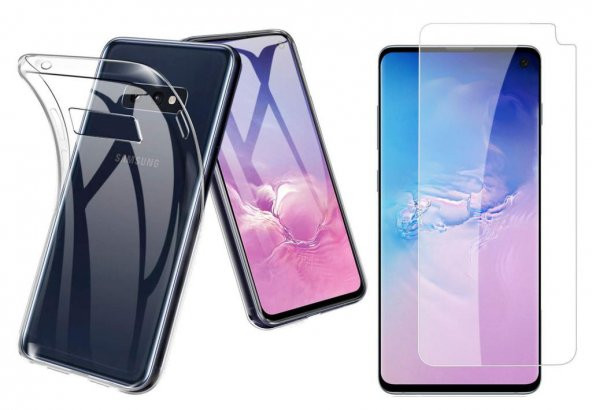 Samsung Galaxy S10e İnce Şeffaf Esnek Silikon Kılıf + Temperli Cam