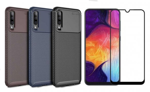 Samsung Galaxy A50 Kılıf Antişok Karbon Silikon Kapak+6D Nano Cam