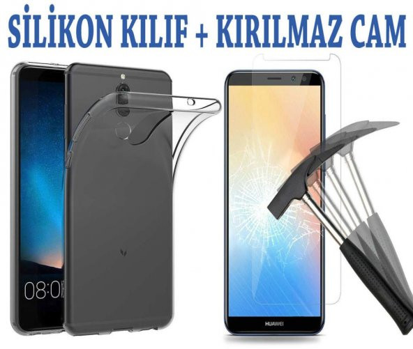 Huawei Mate 10 Lite Şeffaf Silikon + Cam Ekran Koruyucu