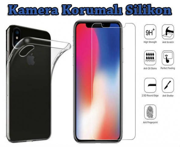 Apple iPhone X XS Kamera Korumalı Silikon Kılıf + Temperli Cam