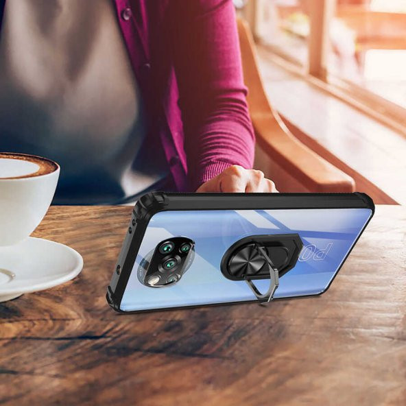 Xiaomi Poco X3 Kılıf Yüzüklü Arkası Şeffaf Antişok Silikon Kapak - 2