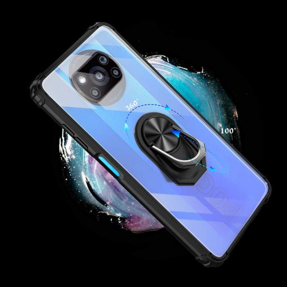 Xiaomi Poco X3 Kılıf Yüzüklü Arkası Şeffaf Antişok Silikon Kapak - 5