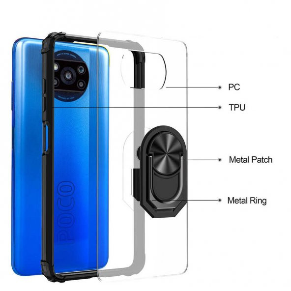 Xiaomi Poco X3 Kılıf Yüzüklü Arkası Şeffaf Antişok Silikon Kapak - 6