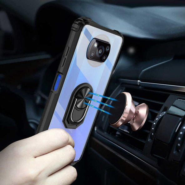 Xiaomi Poco X3 Kılıf Yüzüklü Arkası Şeffaf Antişok Silikon Kapak - 7