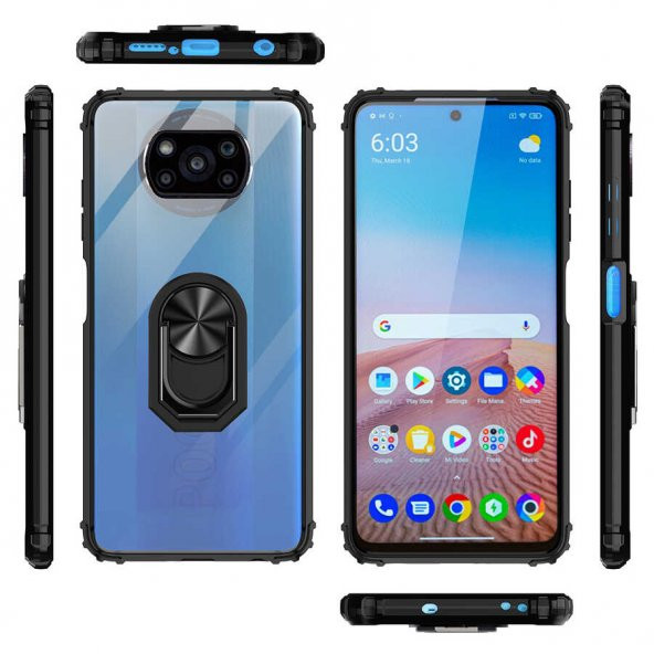 Xiaomi Poco X3 Kılıf Yüzüklü Arkası Şeffaf Antişok Silikon Kapak - 8