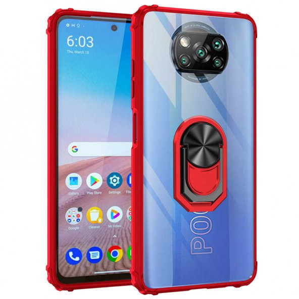 Xiaomi Poco X3 Kılıf Yüzüklü Arkası Şeffaf Antişok Silikon Kapak - 10