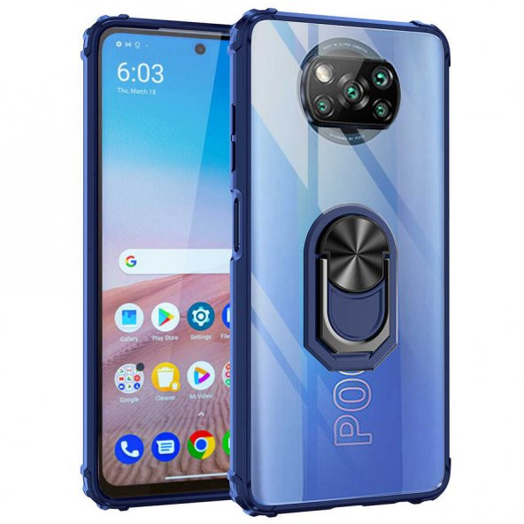 Xiaomi Poco X3 Kılıf Yüzüklü Arkası Şeffaf Antişok Silikon Kapak - 11
