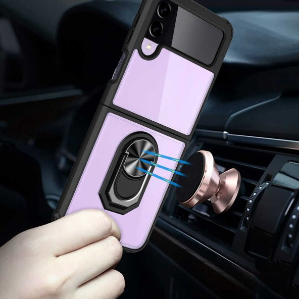 Samsung Galaxy Z Flip 3 Kılıf Yüzüklü Arkası Şeffaf Antişok Silikon Sert Kapak - Resim 4