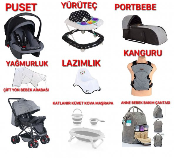 Almira Kids 11 Parça Set Çift Yön Bebek Arabası Katlanır Küvet Portbebe Kanguru Puset Yürüteç