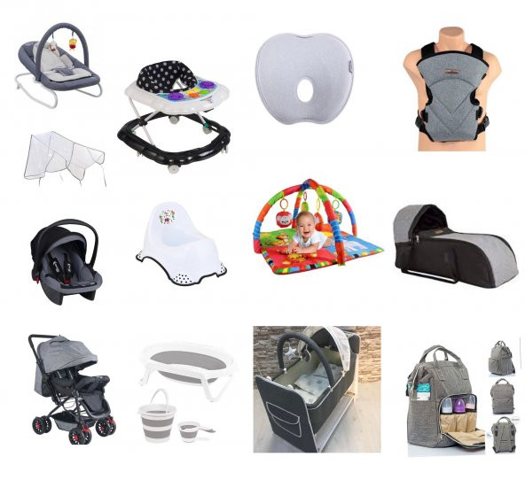 AlmiraKids 15 Parça Set Bebek Arabası Beşik Puset Katlanır Küvet Yürüteç Kanguru Portbebe Ana Kucağı