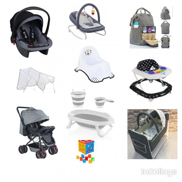 Almira Kids Bebek Çeyiz Seti 12 Parça Çift Yön Bebek Arabası Beşik Ana Kucağı Yürüteç Katlanır Küvet