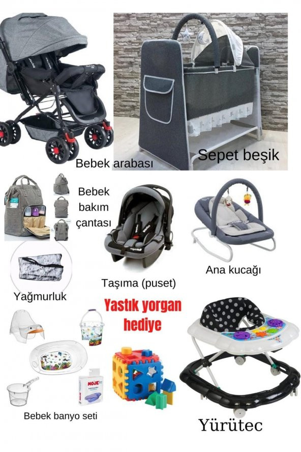 LETS GO BABY Beşik Bebek Çeyiz Seti 13parça Çift Yön Bebek Arabası Beşik Ana Kucağı Yürüteç Küvet