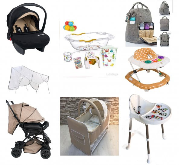 Almira Kids Bebek Çeyiz Seti 12 Parça Çift Yön Bebek Arabası Mama Sandalyesi Puset Küvet Takımı