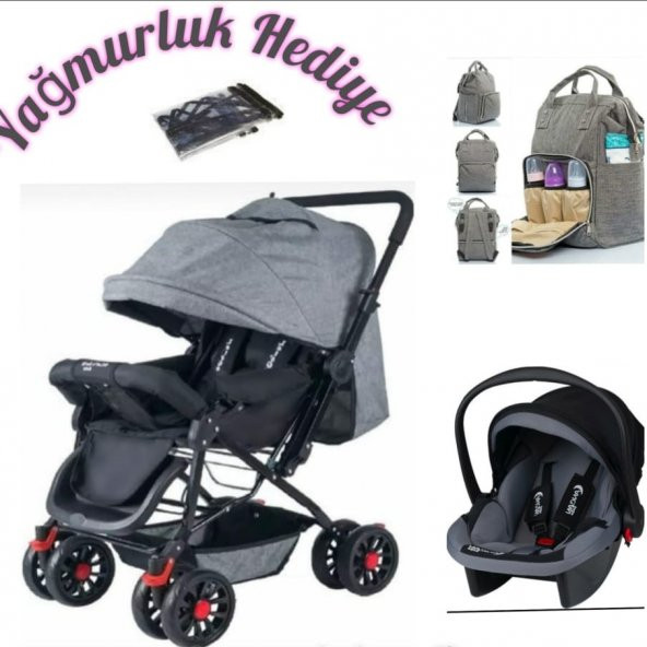 çiftyönlü bebek arabası puset anakucağı yağmurluk anne bebek çantası 4 parça set - 2