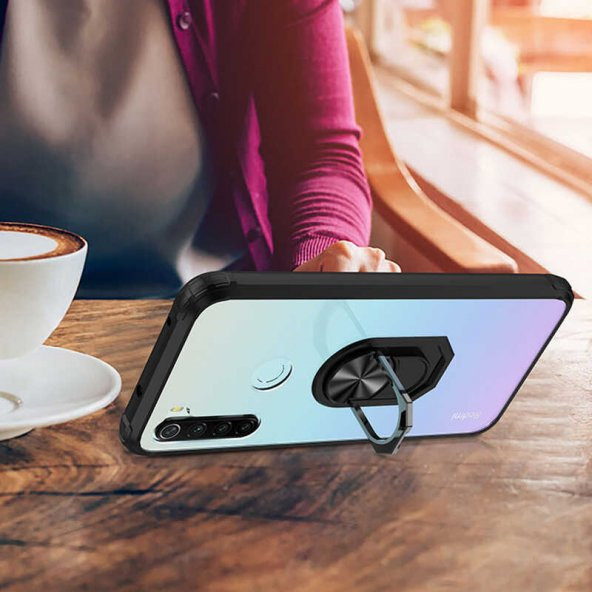 Xiaomi Redmi Note 8 Kılıf Yüzüklü Arkası Şeffaf Antişok Silikon Kapak - 9