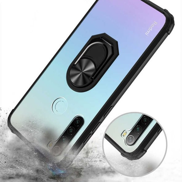 Xiaomi Redmi Note 8 Kılıf Yüzüklü Arkası Şeffaf Antişok Silikon Kapak - 11