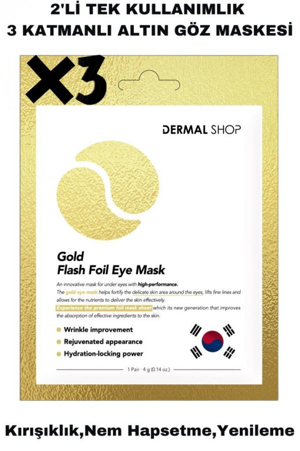 Dermal 3 ADET Tek Kullanımlık 3 Katmanlı Altın Folyo Göz Maskesi X3 Adet