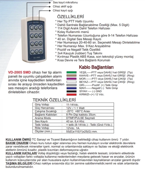 Electrosec VD-2005 SMD Telefon Arama Modülü (Her tip alarm paneli ile çalışabilme) - 2