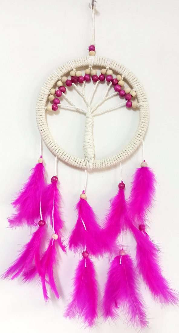 Fuşya Kuş Tüylü Hayat Ağacı Dream Catcher Duvar Süsü - Resim 2