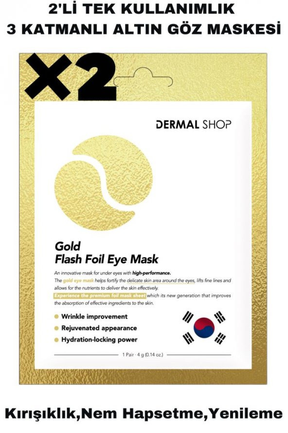 Dermal 2 ADET Tek Kullanımlık 3 Katmanlı Altın Folyo Göz Maskesi X2 Adet