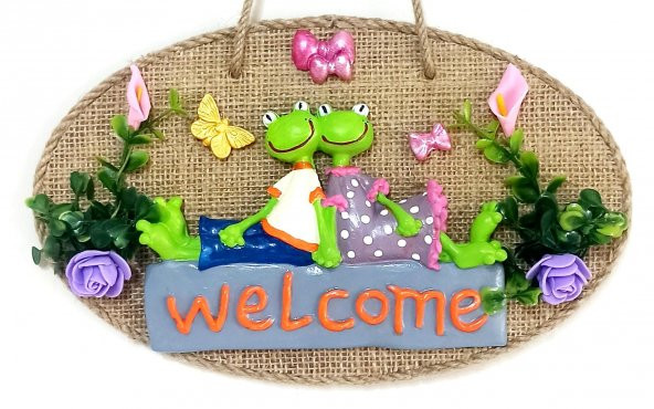 Yeşil Sevimli Kurbağa Çift Welcome Yazılı Kelebekli Kapı Süsü