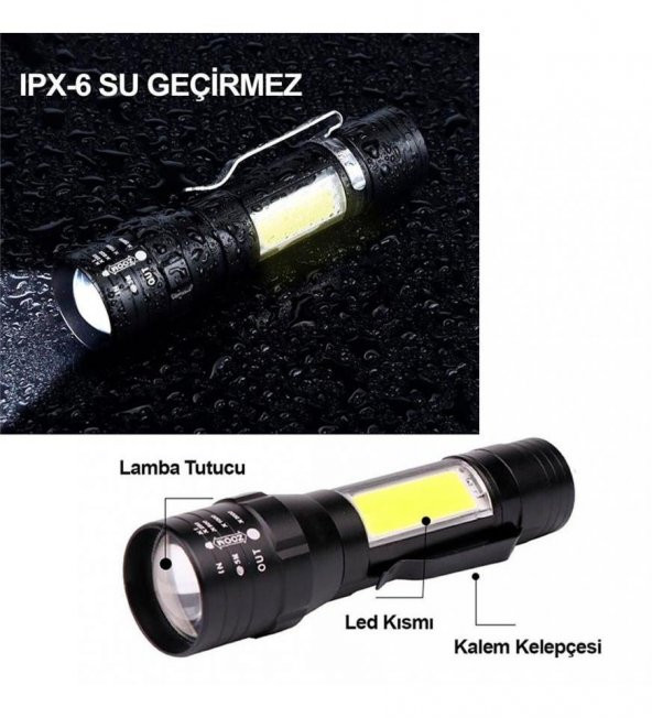Flaşörlü Şarjlı Polis Led Mini El Feneri 3 Fonksiyonlu Zoomlu Mini El Feneri - 4